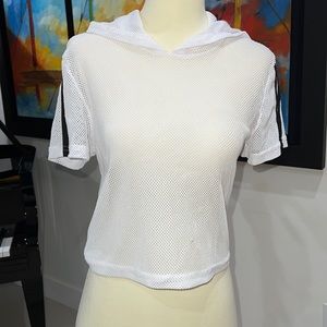 White mesh cropped shirt with hoodie and black striped edges